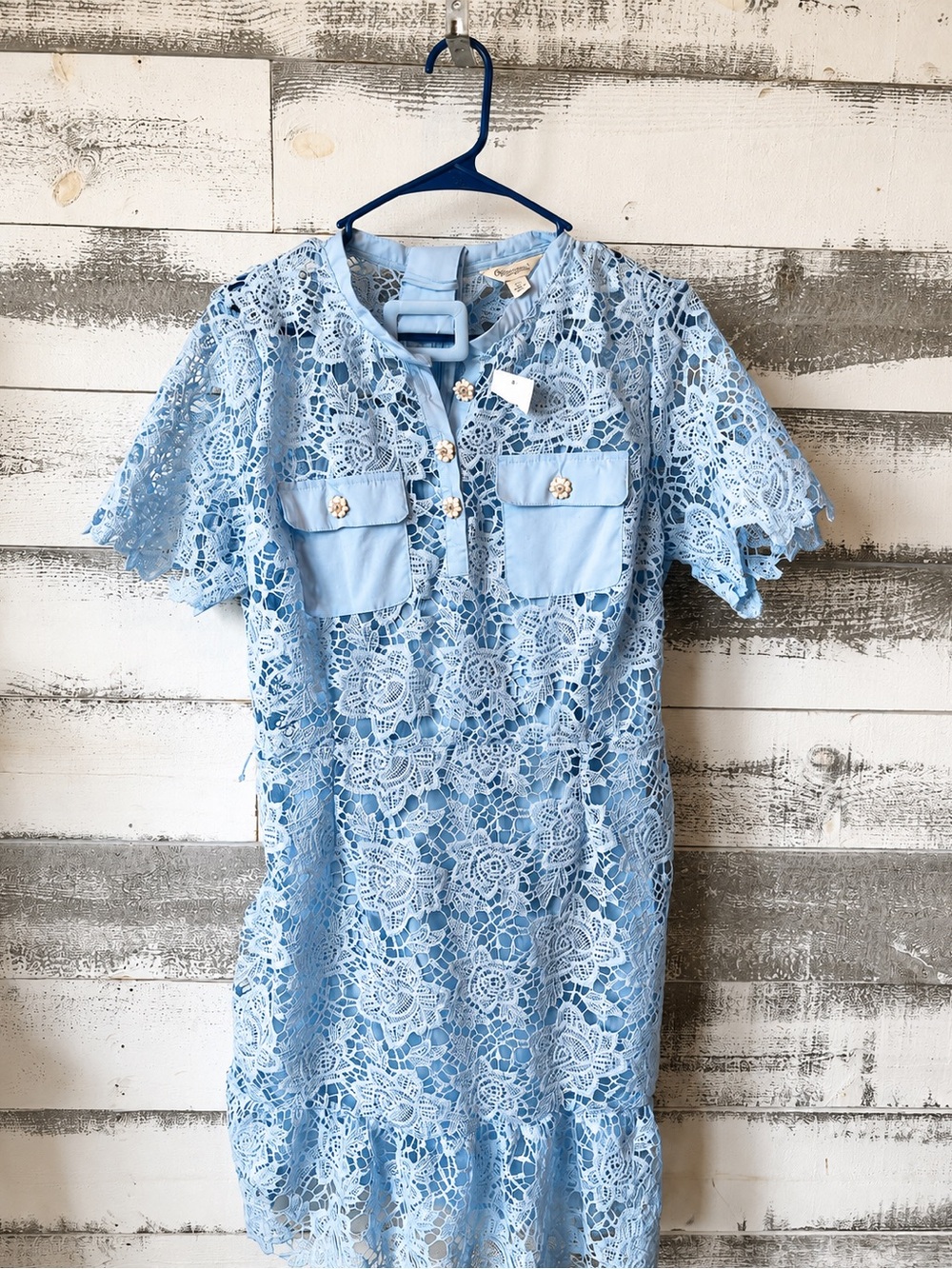 Pastel Blue Floral Lace Shift Dress with Pocket Detail